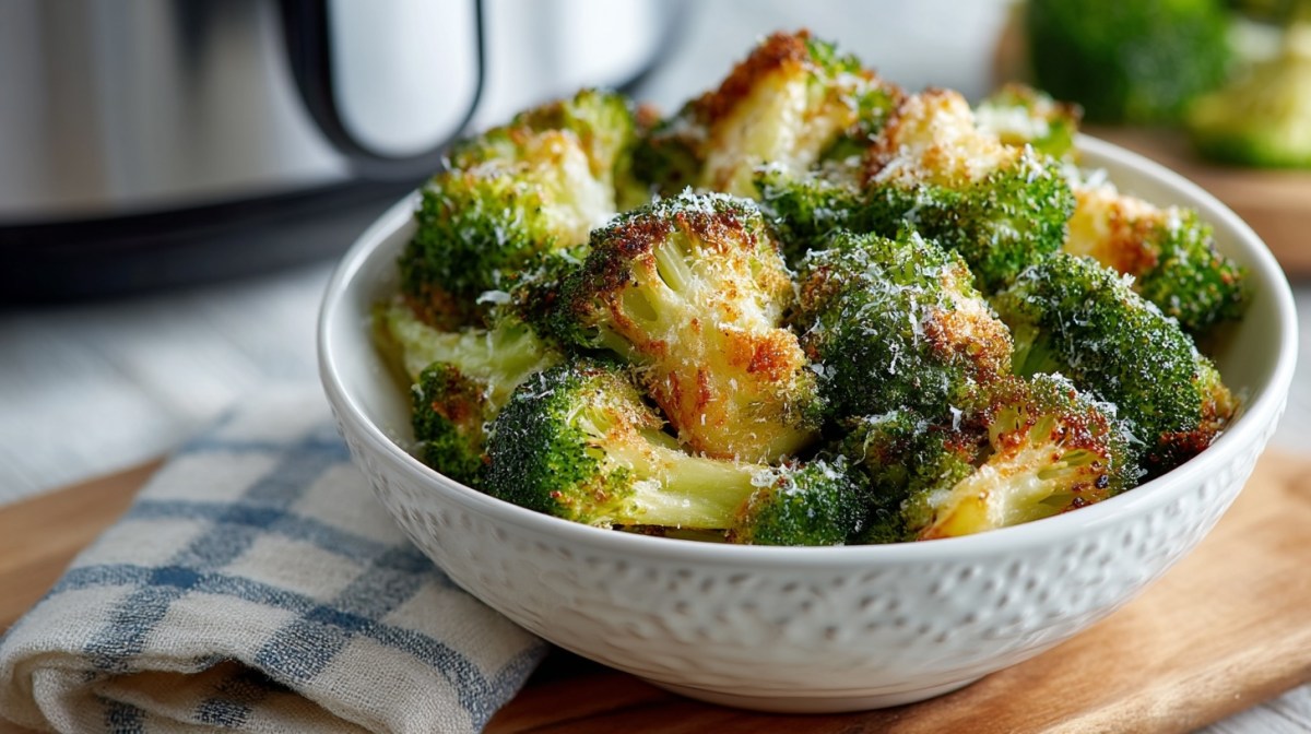 Eine Schüssel Brokkoli aus der Heißluftfritteuse gratiniert mit Parmesan, daneben ein Geschirrtuch, im Hintergrund ein Airfryer erkenntbar.