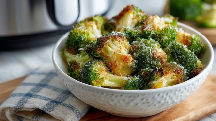 Eine Schüssel Brokkoli aus der Heißluftfritteuse gratiniert mit Parmesan, daneben ein Geschirrtuch, im Hintergrund ein Airfryer erkenntbar.