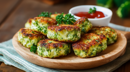Mehrere Brokkoli-Käse-Nuggets liegen auf einem Holzteller. Der Teller liegt auf einem Küchentuch auf einem Holztisch. Im Hintergrund sieht man eine Schale mit Ketchup.