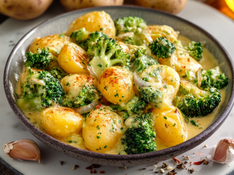 Ein Teller mit Brokkoli-Kartoffeln steht auf einem grauen Untersetzer. Das Gericht ist mit Kartoffeln, Brokkoli und Zwiebeln zubereitet. Vor dem Teller liegen zwei Knoblauchzehen. Hinter dem Teller liegen drei Kartoffeln und man sieht eine Flasche Öl im Anschnitt.