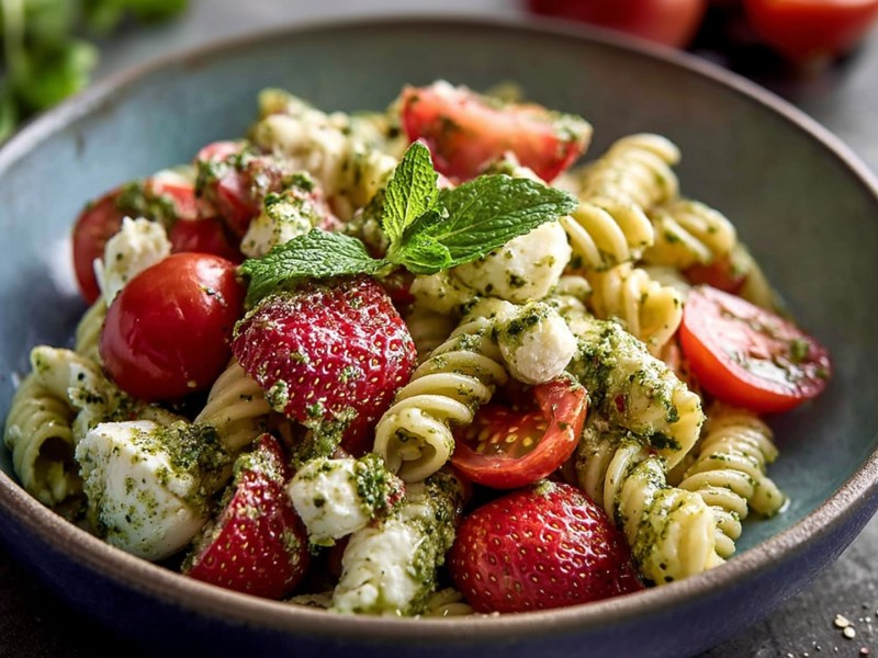 Ein Teller mit Caprese-Nudelsalat mit Erdbeeren.