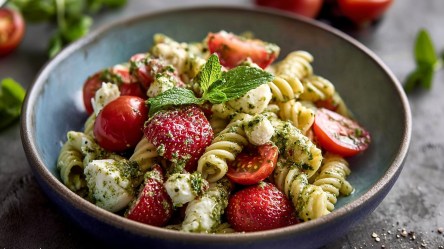 Ein Teller mit Caprese-Nudelsalat mit Erdbeeren.