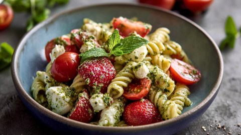 Ein Teller mit Caprese-Nudelsalat mit Erdbeeren.