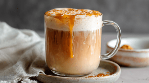 Ein Glas mit einem Caramel Tea Latte, der mit Karamellsoße garniert ist. Das Glas steht auf einem Untersetzer. Links daneben ist ein Tuch drapiert.