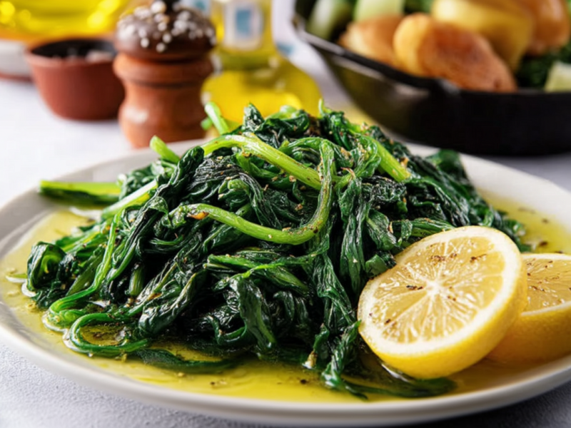 Chorta: griechisches Wildgemüse mit Zitrone und Olivenöl auf einem Teller, daneben Zitronenscheiben.