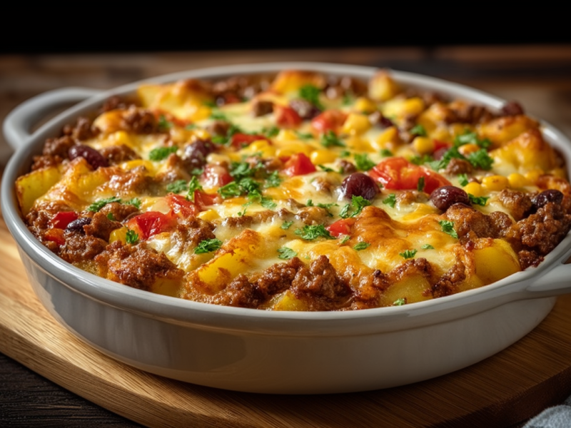 Ein Cowboy-Auflauf in einer Auflaufform. Die Form steht auf einem Holzbrett auf dunklem Untergrund. Rechts im Bild liegt ein Küchentuch.