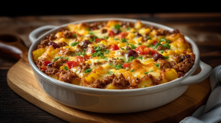 Ein Cowboy-Auflauf in einer Auflaufform. Die Form steht auf einem Holzbrett auf dunklem Untergrund. Rechts im Bild liegt ein Küchentuch.