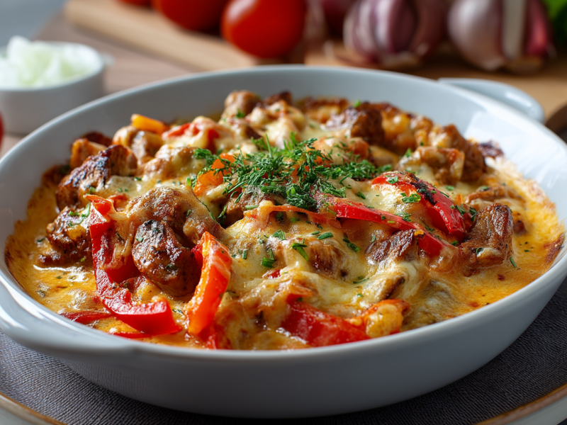 Cremiges Ofengyros in einer Auflaufform auf einem grauen Teller. Im Hintergrund sieht man von links nach rechts Tomaten, eine Schale mit Schmand, mehr Tomaten, Knoblauchknollen und Chiliringe.