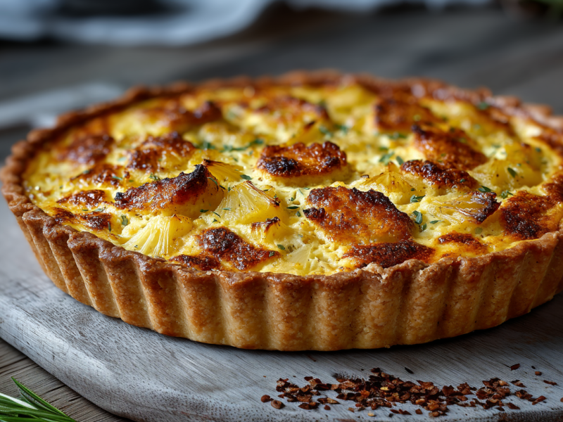Eine Curry-Ananas-Quiche lieg auf einem grauen Holzbrett. Hinten rechts sieht man eine Ananas. Vor der Quiche liegen einige Gewürze. Links im Bild liegt ein Rosmarin-Stiel.