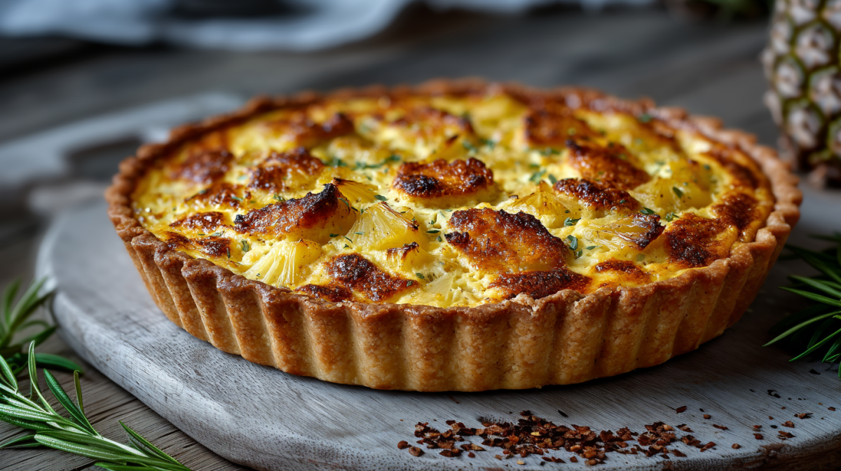 Eine Curry-Ananas-Quiche lieg auf einem grauen Holzbrett. Hinten rechts sieht man eine Ananas. Vor der Quiche liegen einige Gewürze. Links im Bild liegt ein Rosmarin-Stiel.