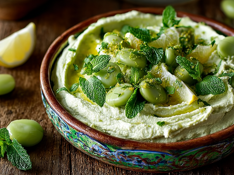Dicke-Bohnen-Hummus in einer blau-braunen Schüssel.
