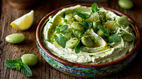 Dicke-Bohnen-Hummus in einer blau-braunen Schüssel.