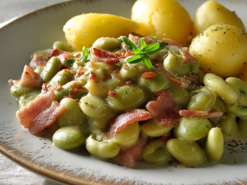Ein Teller Dicke Bohnen mit Speck und Kartoffeln.