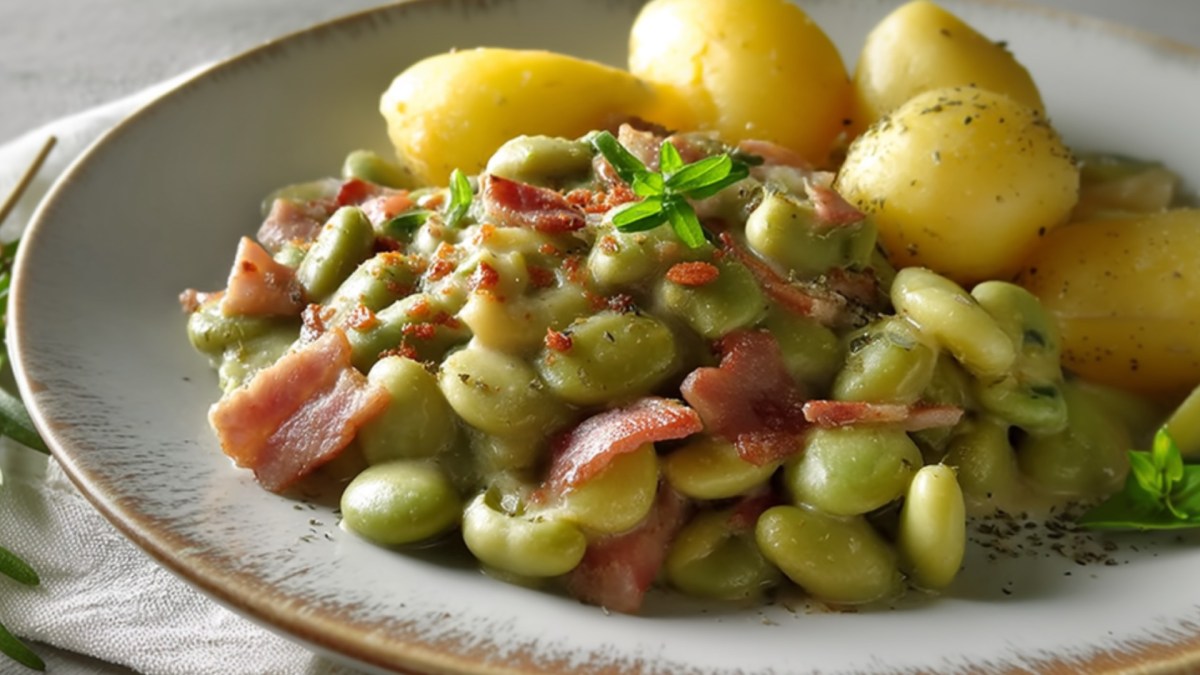 Ein Teller Dicke Bohnen mit Speck und Kartoffeln.