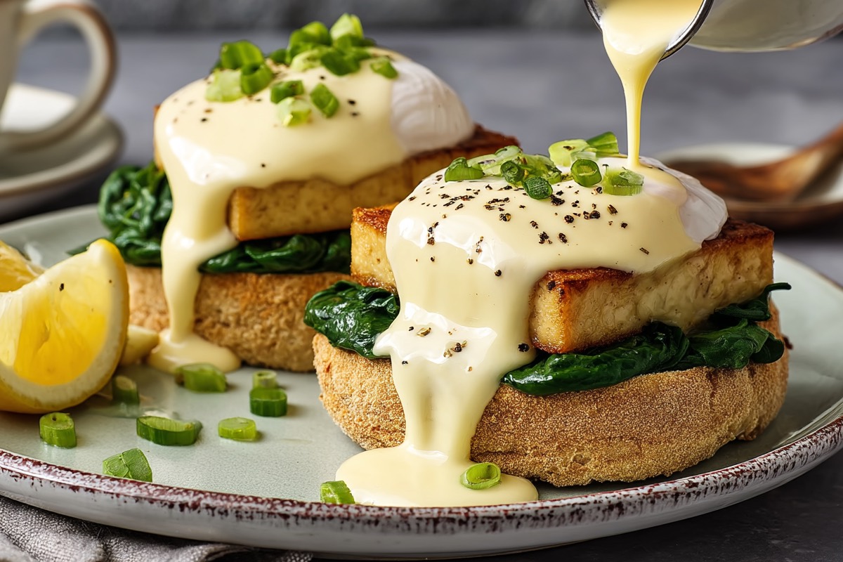 Zwei vegane Eggs Benedict mit Sauce hollandaise auf einem Teller.