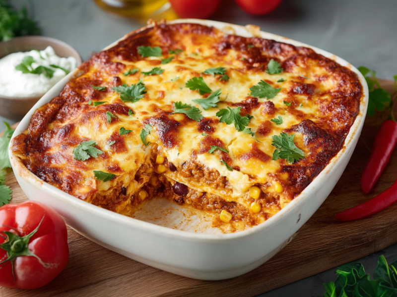Ein angeschnittener Enchilada-Auflauf in einer Auflaufform auf einem Holzbrett. Neben dem Auflauf liegt eine Tomate, zwei Chilis sowie frische Kräuter. In einer Schale dahinter ist etwas Frischkäse.