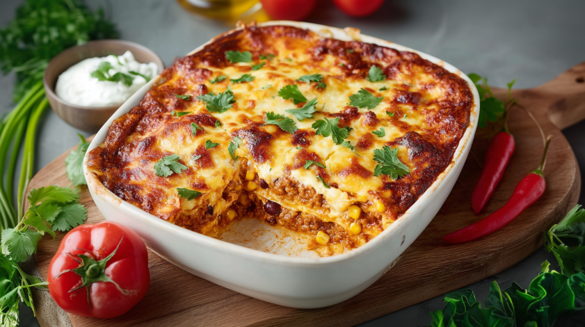 Ein angeschnittener Enchilada-Auflauf in einer Auflaufform auf einem Holzbrett. Neben dem Auflauf liegt eine Tomate, zwei Chilis sowie frische Kräuter. In einer Schale dahinter ist etwas Frischkäse.