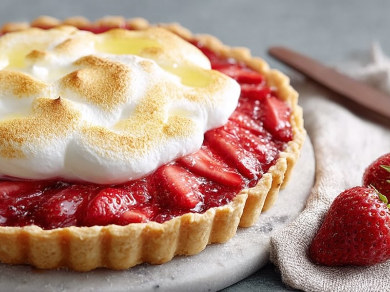 Eine Erdbeer-Baiser-Tarte auf einem Teller, daneben frische Erdbeeren und eine Serviette aus Stoff.