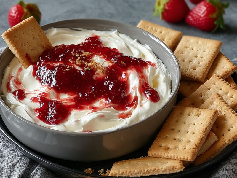 Eine Schüssel mit Erdbeer-Cheesecake-Dip, der mit Keksen serviert wird. Ringsum liegen frische Erdbeeren verteilt.