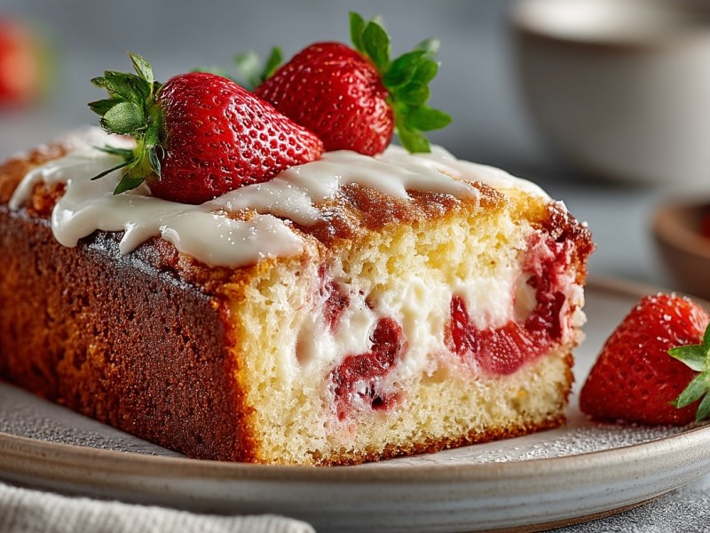 Ein angeschnittener Erdbeer-Cheesecake aus der Kastenform, garniert mit frischen Erdbeeren und Frischkäse-Topping.