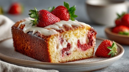 Ein angeschnittener Erdbeer-Cheesecake aus der Kastenform, garniert mit frischen Erdbeeren und Frischkäse-Topping.