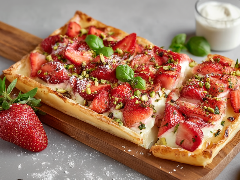 Ein Holzbrett mit einem süßen Erdbeer-Flammkuchen, der mit gehackten Pistazien und frischem Basilikum garniert ist. Im Hintergrund ist eine Schale mit Joghurt zu sehen. Ringsum liegen Erdbeeren verstreut.