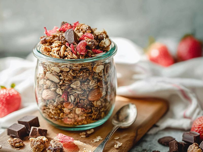 Glas Erdbeer-Granola auf einem Tisch, Erdbeeren daneben