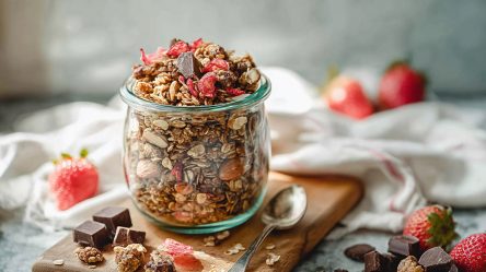 Glas Erdbeer-Granola auf einem Tisch, Erdbeeren daneben