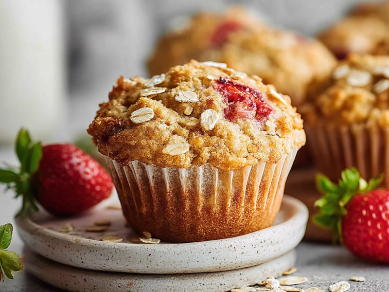 Erdbeer-Haferflocken-Muffins auf einem Tisch, frische Erdbeeren daneben