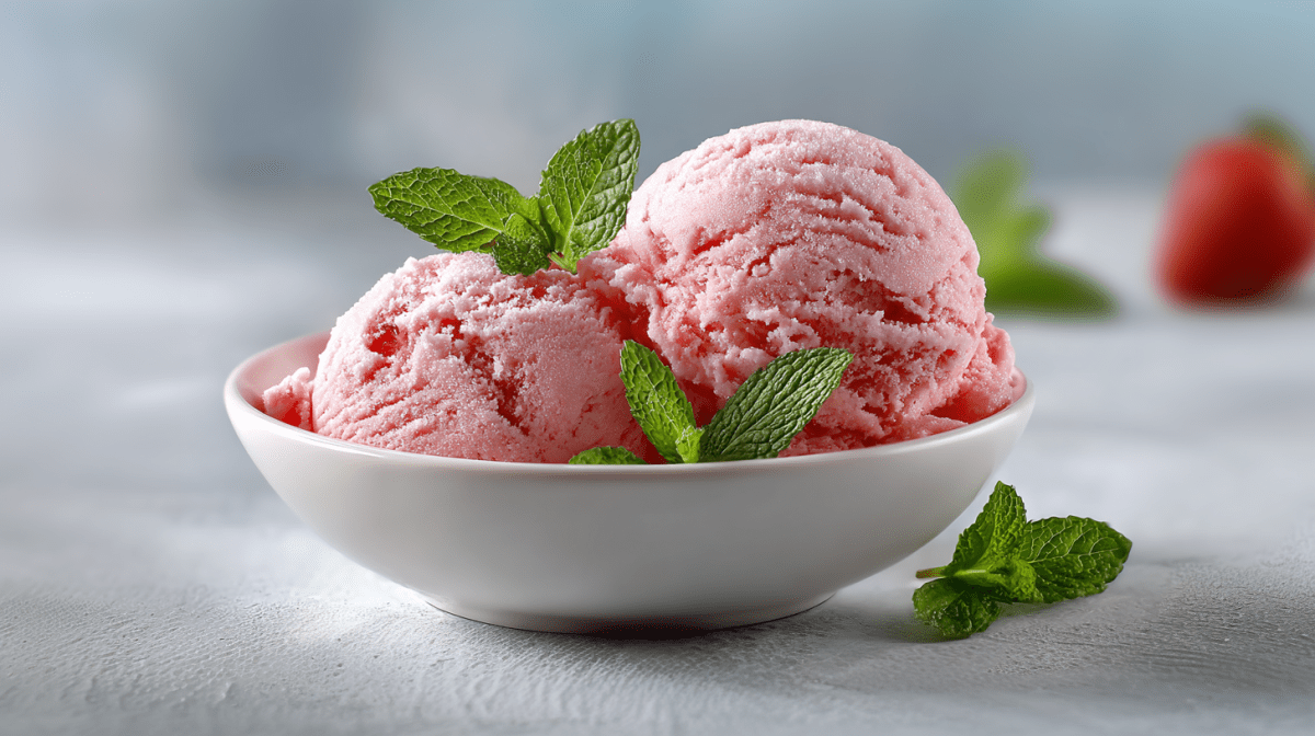 Zwei Kugeln Erdbeer-Minz-Eis in einer weißen Schale. Sie sind mit frischen Minzblättern garniert. im Hintergrund sieht man etwas Minze sowie eine Erdbeere.