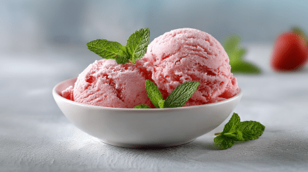 Zwei Kugeln Erdbeer-Minz-Eis in einer weißen Schale. Sie sind mit frischen Minzblättern garniert. im Hintergrund sieht man etwas Minze sowie eine Erdbeere.