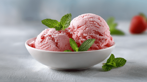 Zwei Kugeln Erdbeer-Minz-Eis in einer weißen Schale. Sie sind mit frischen Minzblättern garniert. im Hintergrund sieht man etwas Minze sowie eine Erdbeere.