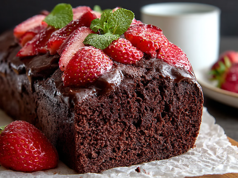 Erdbeer-Schokokuchen aus der Kastenform, garniert mit Erdbeeren und Minzblättern.
