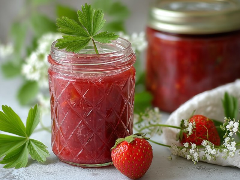 Zwei Gläser Erdbeer-Waldmeister-Marmelade