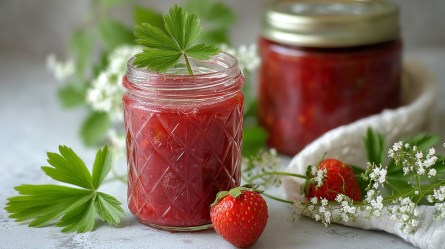 Zwei Gläser Erdbeer-Waldmeister-Marmelade