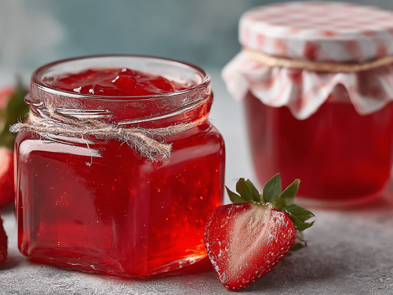 Zwei Gläser Erdbeergelee, drum herum liegen frische Erdbeeren.