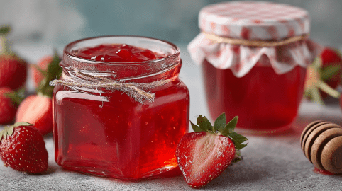 Zwei Gläser Erdbeergelee, drum herum liegen frische Erdbeeren.