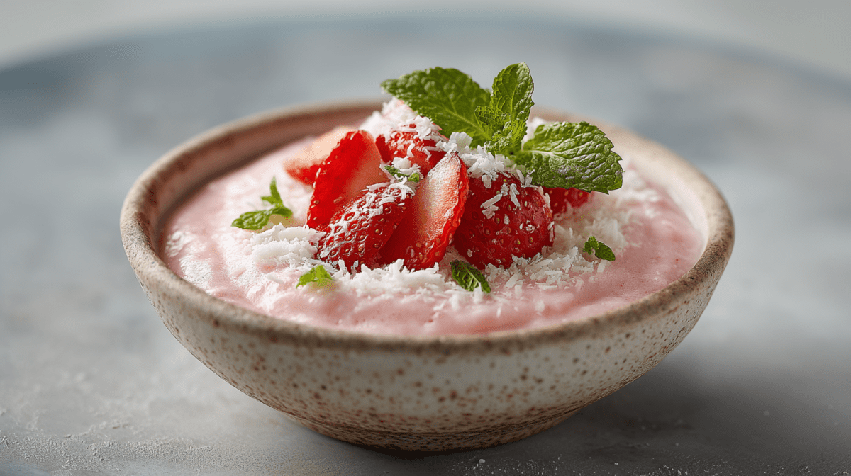 Eine Schüssel mit selbstgemachtem Erdbeerjogurt. Er ist mit geschnittenen Erdbeeren, Kokosraspeln und Minze garniert