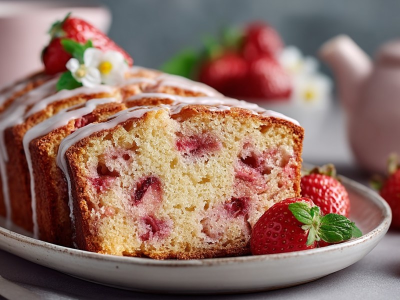 Erdbeerkuchen aus der Kastenform angeschnitten auf einem Teller, garniert mit frischen Erdbeeren und Zuckerguss.