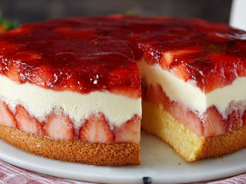 Erdbeerkuchen mit Vanillepudding, von dem ein Stück entnommen wurde, auf einer Marmorplatte.