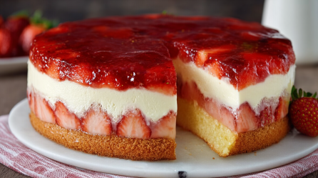 Erdbeerkuchen mit Vanillepudding, von dem ein Stück entnommen wurde, auf einer Marmorplatte.