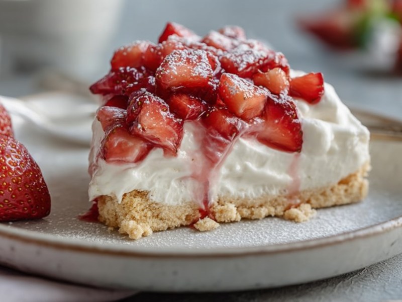 Ein Stück Erdbeerkuchen mit Zitronenquark auf einem Teller zusammen mit zwei ganzen Erdbeeren.