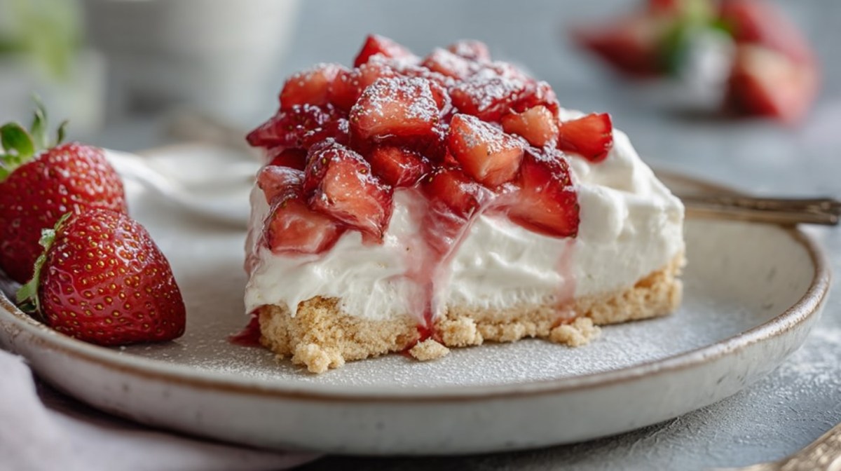 Ein Stück Erdbeerkuchen mit Zitronenquark auf einem Teller zusammen mit zwei ganzen Erdbeeren.