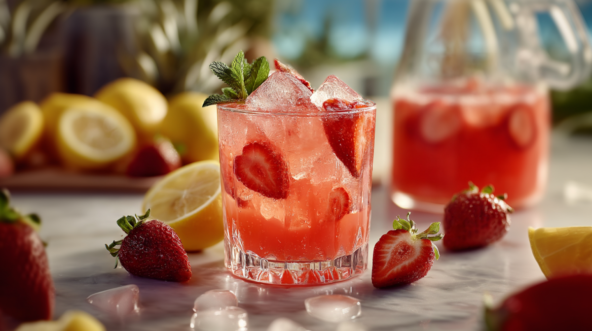 EIne Erdbeerlimonade mit Schuss, angerichtet auf einer Marmorfläche. Um das Glas verteilt liegen ein paar Erdbeeren. Im Hintergrund sieht man geschnittene Zitronen und ein Pitcher mit weiterer Limonade.