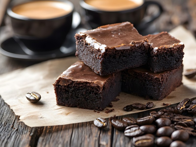 Espresso-Brownies auf einem Tisch mit zwei Tassen Espresso im Hintergrund