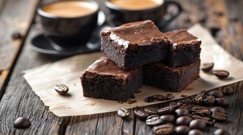 Espresso-Brownies auf einem Tisch mit zwei Tassen Espresso im Hintergrund