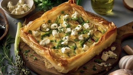 Eine eckige Filoteig-Tarte mit Spargel und Minz-Mandel-Gremolata.