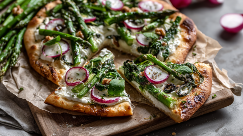 Ein angeschnittener Flammkuchen mit Spargel und Radieschen auf einem mit Backpapier belegten Holzbrett. Hinter ihm liegt noch weiterer grüner Spargel. rechts im Bild liegt ein angeschnittenes Radieschen.