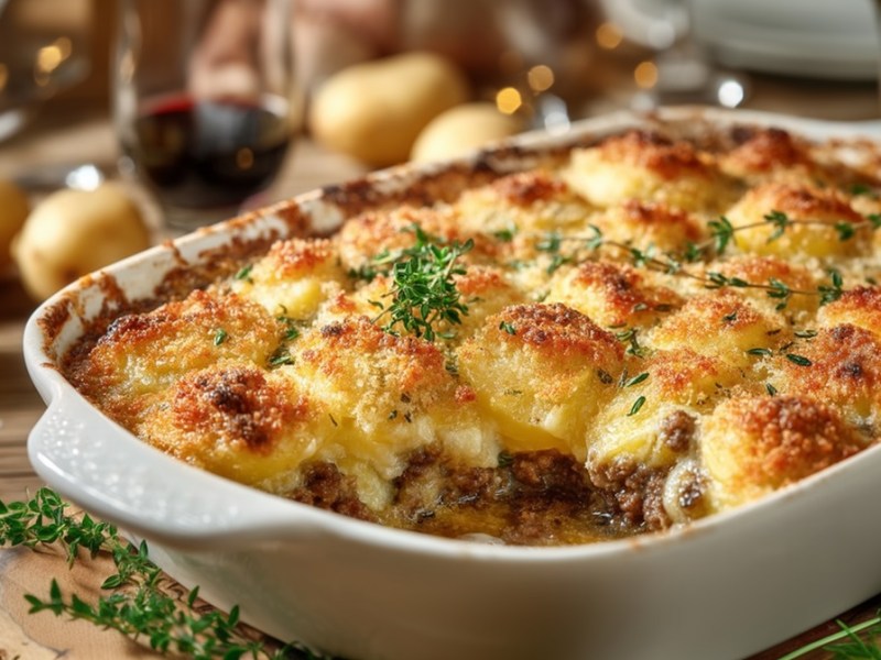 Französischer Kartoffel-Hackfleisch-Auflauf auf einem Tisch mit Zutaten daneben