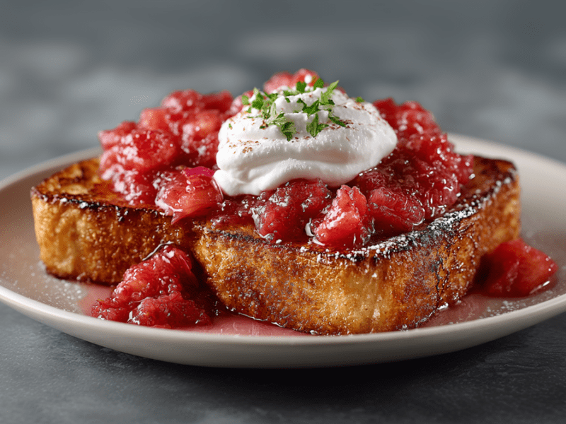 Ein Teller mit French Toast mit Rhabarberkompott und einem Klecks Kokos-Joghurtcreme.